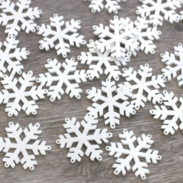 Snowflake White Wood Shapes- 24 Pieces- Laser Cut Unfinished- Approx 36 mm or 1.4"- MINI TINY DIY Craft Supply Button Charms