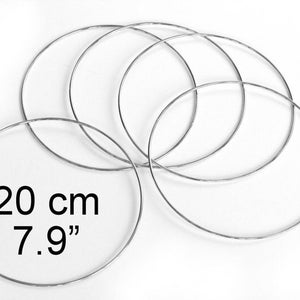 May include: Five silver metal hoops, each measuring 7.9 inches in diameter. The hoops are arranged in a loose pile.