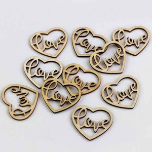 Wood Heart Love Shapes- 10 Pieces Laser Cut- Wedding Party Shower Valentine&#39;s Day- Approx. 2&quot;- Small DIY Craft Supply Charms