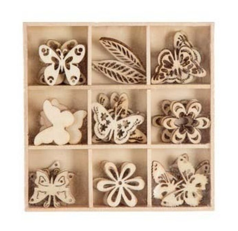 Set of 45 Mini Laser Cut Wood Flower Shapes
