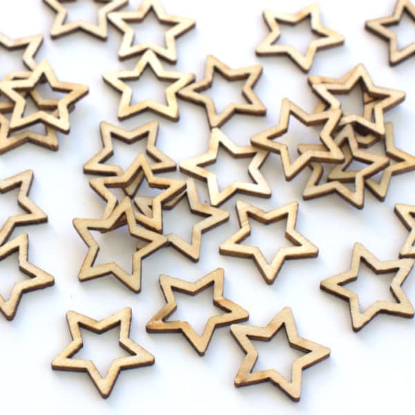 Star Wood Shapes- 25 Pieces- Laser Cut Unfinished- Hollow Star Outline- Approx 1" MINI TINY DIY Craft Supply Charms