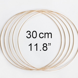 May include: Five gold metal hoops, each 11.8 inches in diameter, stacked on top of each other. The hoops are 30 cm in diameter.