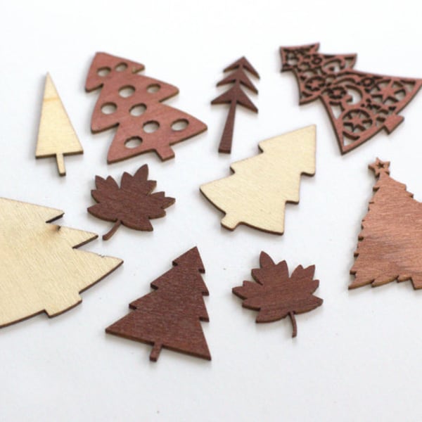 Tree Leaves Wood Shapes- 10 Pieces- Laser Cut Unfinished- Approx 25-40 mm or 1-1.6"- MINI DIY Craft Supply Button Charm Ornaments