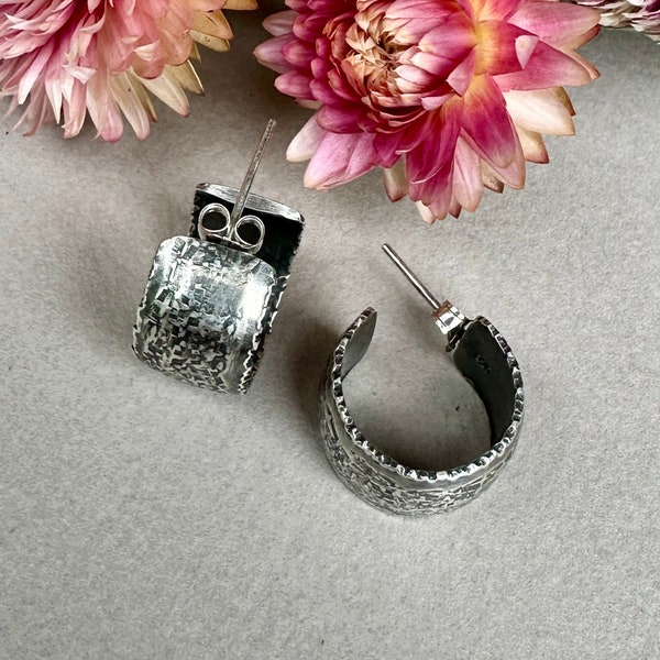 Artisan sterling silver textured hoop earrings. Small with post. Handcrafted. Unique. One of a kind. Gift for her. Organic. Hammered.