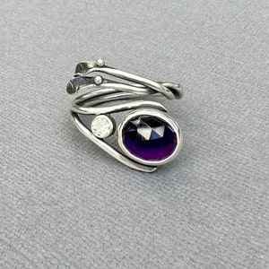 Sterling silver amethyst ring/ Size 8.25-9/ Artisan made/ Handcrafted jewelry/ Nature inspired/ Unique jewelry/ One of a kind/ Gift for her.
