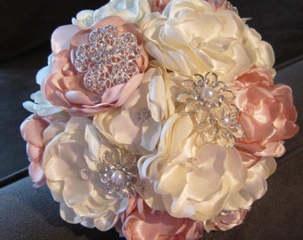 Wedding Bouquet - Ivory/Blush Bling Wedding Bouquet - Fabric Flower Bouquet - Bridal Wedding Bouquet