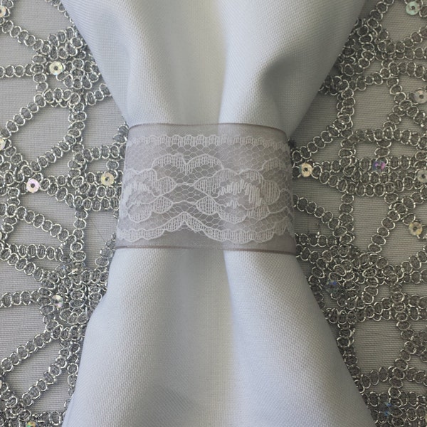 SOLD IN SETS of 10 - Grey/Silver Organza and White Lace Napkin Rings