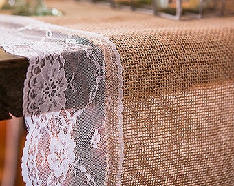 Burlap and Lace Table Runner - Natural Burlap with Lace Edging - Rustic Wedding Decor