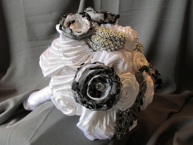 White Fabric Flower Bouquet Wedding Bouquet Black and White Bouquet