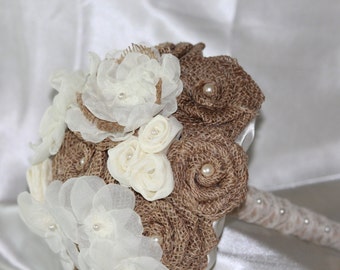 Wedding Bouquet Burlap - Burlap and Creme Rustic Fabric Flower Bouquet - Burlap Wedding - Fabric Bouquet - Rustic Wedding