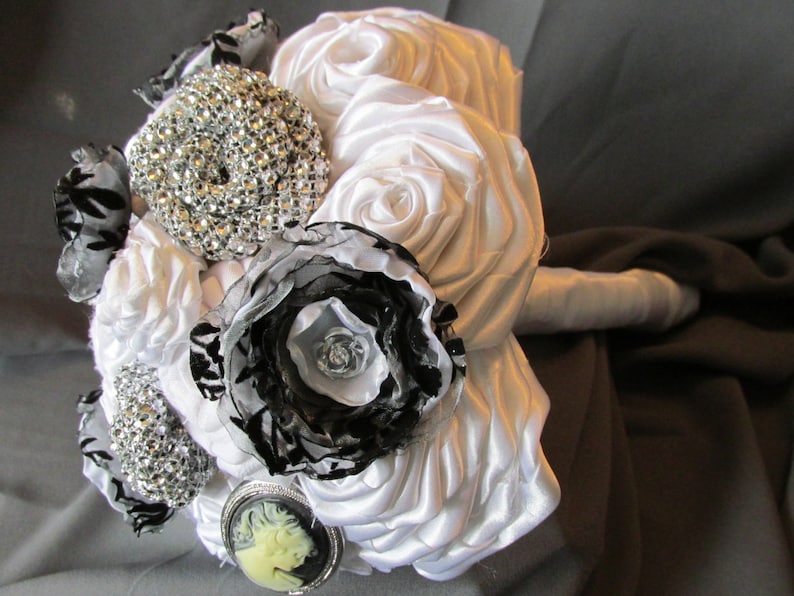 White Fabric Flower Bouquet Wedding Bouquet Black and White Bouquet