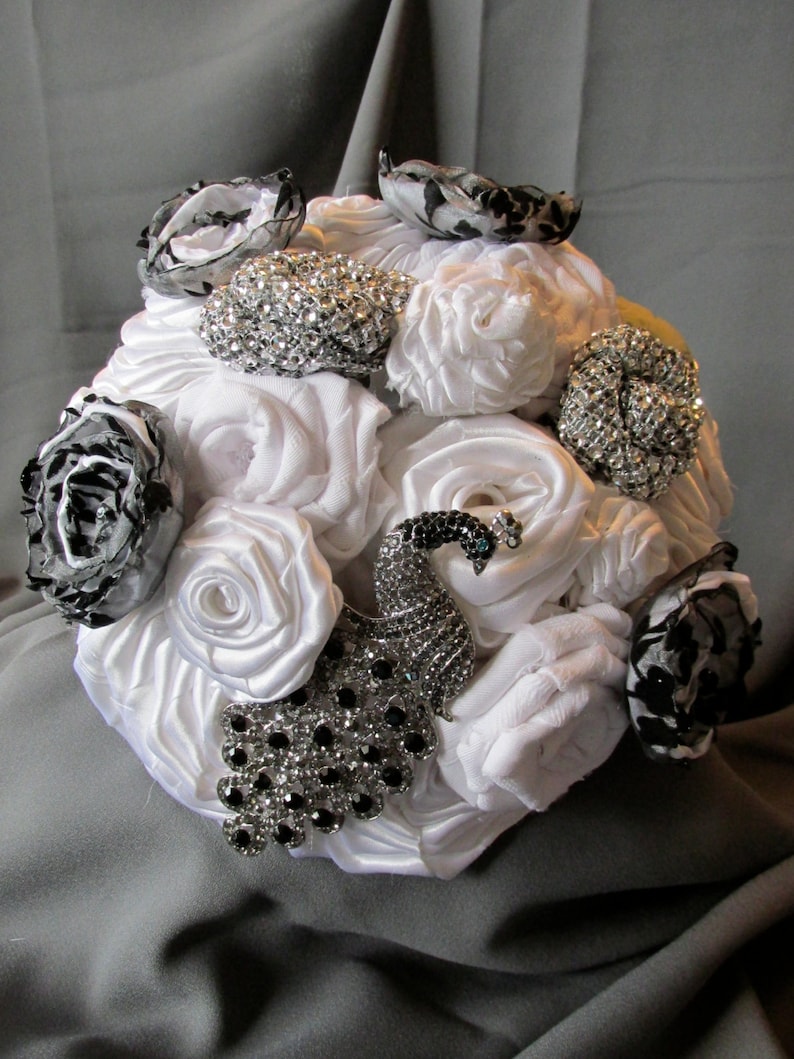 White Fabric Flower Bouquet Wedding Bouquet Black and White Bouquet