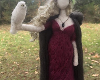 Custom Made to Order Needle Felted Witch Maiden Goddess with Snowy Owl