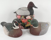 Canvasback Duck Wood Duck Mallard Duck Decoy Figurine Sculpture Statue Hand Painted Textured Composite Signed Dennis Huett Dated 1980s