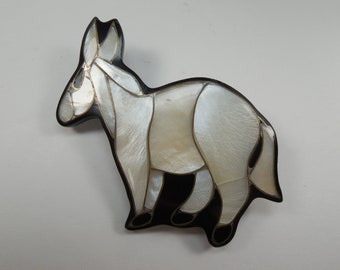 Mother Of Pearl Donkey Pin Brooch Black Lacquer With Iridescent Mother Of Pearl Inlaid With Gold Trim Edges 2 1/2 Inches By 2 1/4 Inches