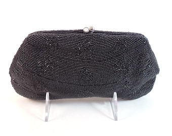 Vintage Black Beaded Clutch Purse Handbag By Jorelle Bags Hand Made In Japan Black Seed Beads And Rhinestone Kiss Lock Closure 1950s 1960s