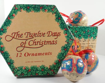 The Twelve Days Of Christmas Ornaments Christmas Tree Bulb Ball Ornaments 1996 Decoupage Twelve 12 Days Of Christmas And Music Notes Design