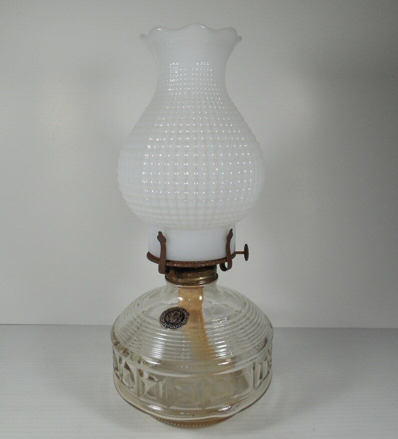 Vintage Lamplight Farms Kerosene Hurricane Lantern Clear Ribbed Glass Oil Lamp Base With White Milk Hobnail Shade