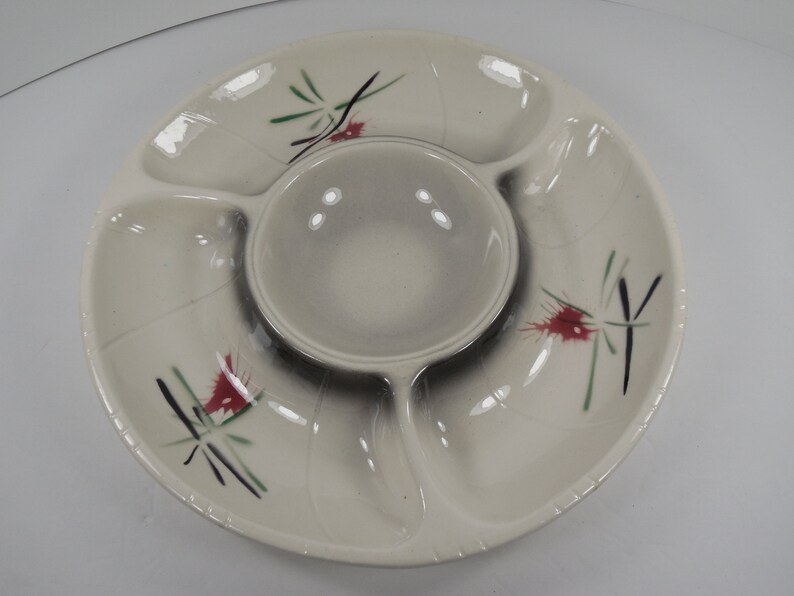 Mid Century MCM Divided Appetizer Dip Platter Plate Tray 1961 Lane Co Van Nuys California USA No 3060 Pottery Ceramic Atomic Asian Oriental