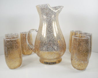 Mid Century Modern MCM Gold Metallic Splatter Raised Textured Finish Glass Pitcher Set Six 6 Tumblers Highball Cocktail Drinking Glasses