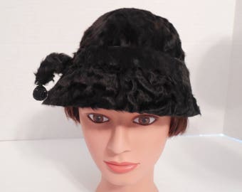 Vintage Black Broadtail Fur Cloche Hat By Vincent de Koven Black Broadtail Persian Lamb Fur With Side Dangle Black Bead Art Deco 1920s 30s