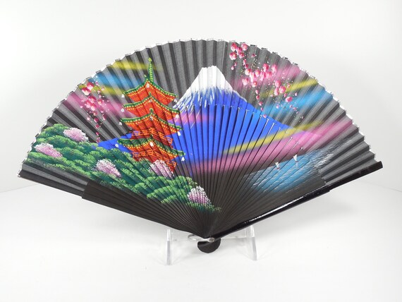Japanese Hand Painted Folding Hand Fan Black Lacq… - image 2