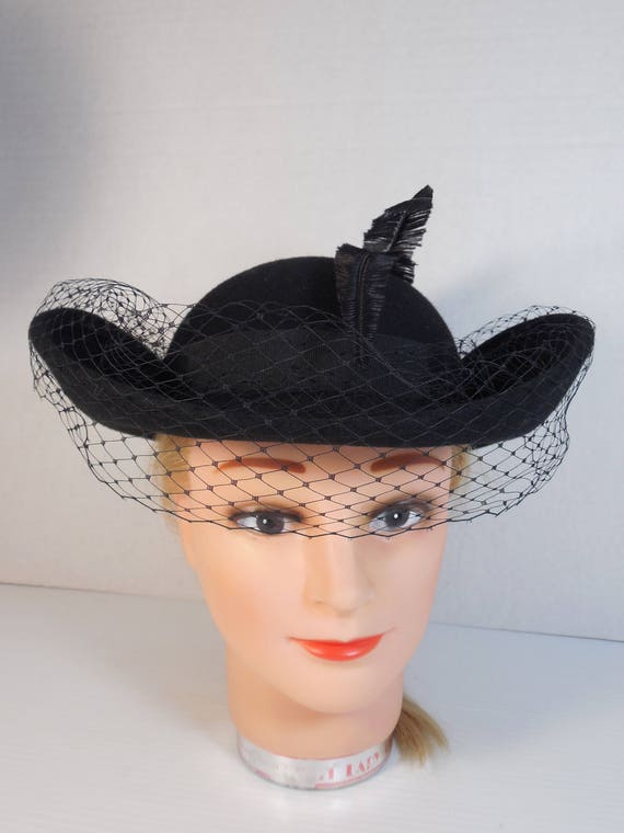 Vintage Black Wool Bent Brim Curved Brim Hat By S… - image 2