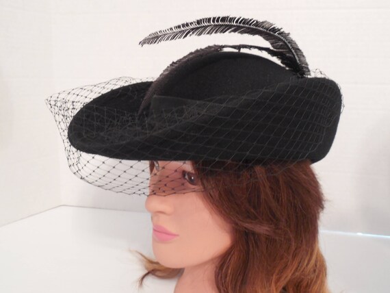 Vintage Black Wool Bent Brim Curved Brim Hat By S… - image 6