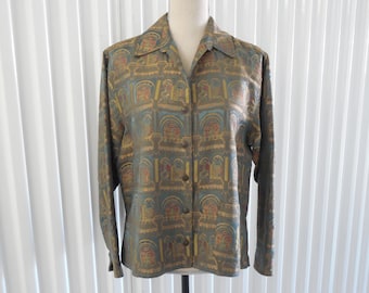 Chico's Silk Jacket Top Blazer Shirt Coat Size 1 US Size 8 M Medium Emerald Green Teal Green Gold Burgundy Maroon Cranberry Scenic Print