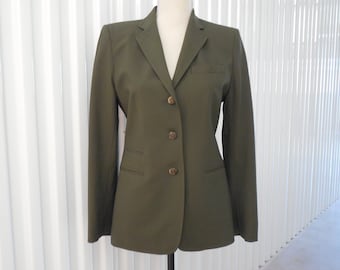 Ralph Lauren Green Wool Suit Blazer Jacket Coat Size 4 P Petite Hunter Olive Avacado Army Green Worsted Wool Logo Buttons Fully Lined