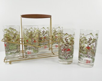 Mid Century Libbey Japanese Asian Chinese Oriental Scene Scenic Glasses Set Of Eight 8 And Gold Metal Glasses Caddy Carrier Rack Tote
