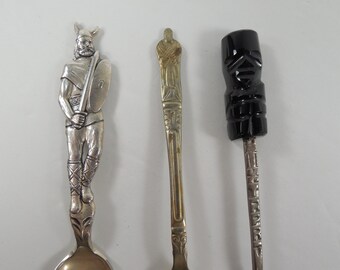 Souvenir Demitasse Spoons Three 3 Viking TH Marthinsen Norway Apostle Nickel Silver Sheffield England Mexico 925 Silver Carved Black Onyx