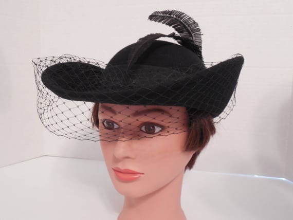 Vintage Black Wool Bent Brim Curved Brim Hat By S… - image 8