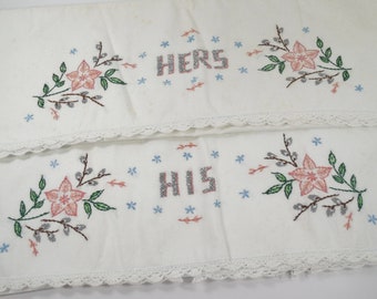 His And Hers Embroidered Pillowcases Pillow Covers Standard Size Pillow Case Set Two 2 White Cotton Hand Embroidery Grey Pink Green Flowers