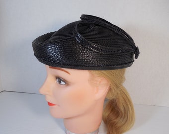 Vintage Black Pillbox Hat Black Polypropylene Straw Black Structured Straw And Black Bead Accents Mid Century 1950s 1960s