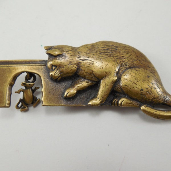 Vintage JJ Kitty Cat Mouse Pin, Signed JJ Jonette Kitty Cat Brooch Brass Antique Finish