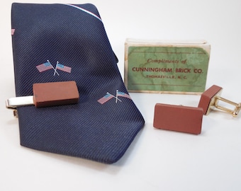 Vintage Brick Tie Clip Bar and Cuff Links by Cunningham Brick Company, Thomasville, N.C. Genuine Red Brick Tie Bar Clip and Cuff Links Set