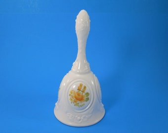 Vintage Fenton Dinner Bell Milk Glass Dinner Bell Hand Painted With Yellow Flowers And Orange Roses Artist Signed