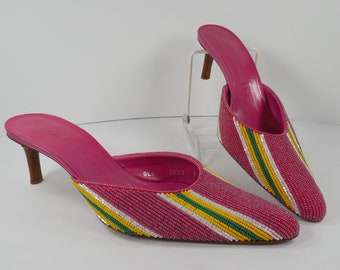 Pink Leather Pink White Yellow Green Seed Bead Beaded Pumps Mules Slip Ons Kitten Heels Shoes By Ralph Lauren Shoes Size 7 B Made In Italy