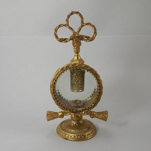 Vintage Gold Metal And Glass Pedestal Footed Perfume Bottle Round Glass Window Gold Filigree Glass Perfume Dauber Victorian Art Nouveau