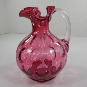 Vintage Fenton Cranberry Glass Coin Dot Pitcher Cranberry Red Ruby Pink Glass Coin Dot Thumbprint Pattern Ruffle Edge 7 Inches