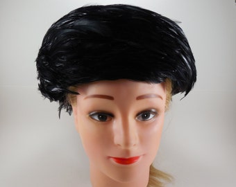 Vintage Black And Black Feather Wool Pillbox Hat By Kathy Jeanne Black Wood Felt With Black Feather Brim Circa 1970's 1980's