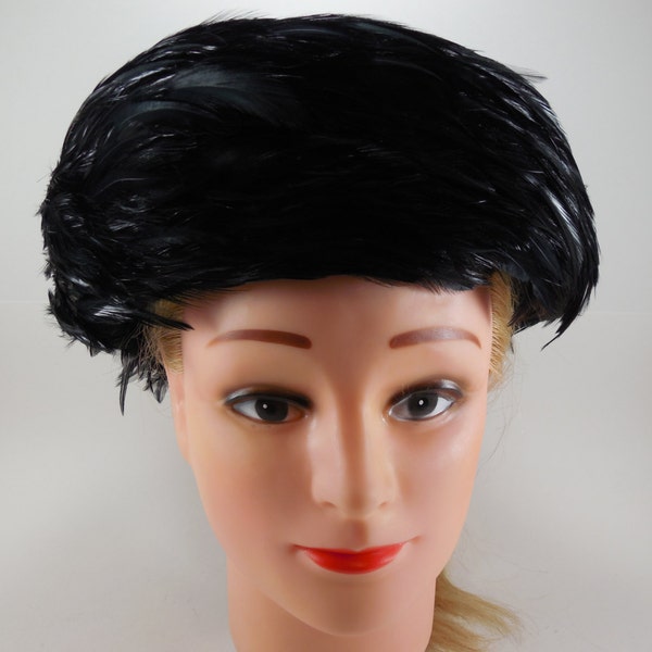 Vintage Black And Black Feather Wool Pillbox Hat By Kathy Jeanne Black Wood Felt With Black Feather Brim Circa 1970's 1980's