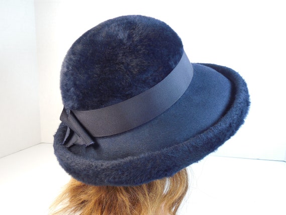 Vintage Navy Blue Fur Wide Brim Picture Hat By Co… - image 8
