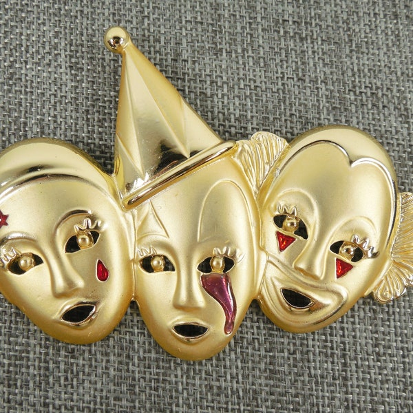 Theater Theatre Mime Mask Jester Clown Mask Triple Masks Three 3 Masks Brooch Pin Gold Plated High Polish And Satin Finish Enamel Accents