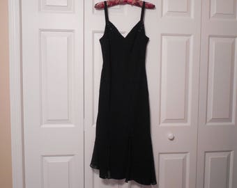 90s Evan Picone Slip Black Dress Size 6 Small Sequin Beaded Black Crepe Spaghetti Straps V Neck Asymmetrical Flared Hem Beaded Insets NWT