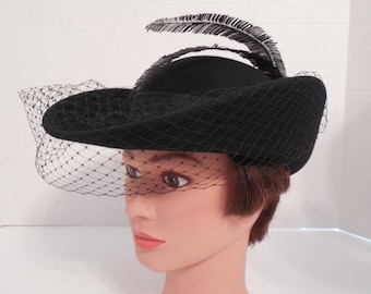 Vintage Black Wool Bent Brim Curved Brim Hat By Sylvia New York Black Wool Felt Black Feathers Ribbon And Full Face Net Face Netting 80s 90s