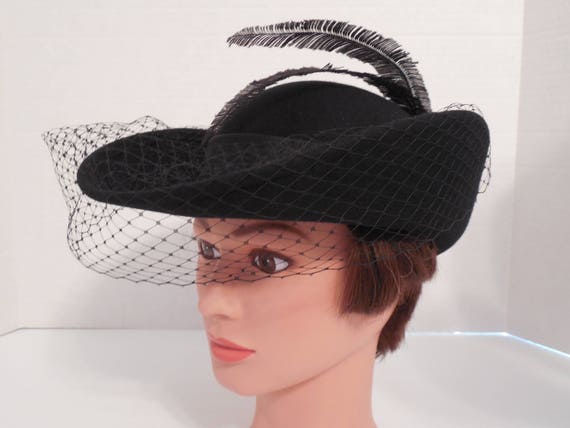 Vintage Black Wool Bent Brim Curved Brim Hat By S… - image 1