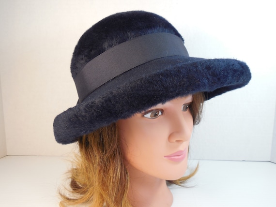 Vintage Navy Blue Fur Wide Brim Picture Hat By Co… - image 1