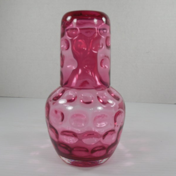 Vintage Cranberry Glass Coin Dot Tumble Up Cranberry Red Pink Ruby Glass Coin Dot Pattern Bedside Water Carafe And Drinking Glass Cup